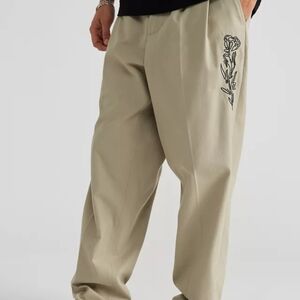 Obey Fubar Embroidered Baggy JBeige Chinos with Floral Accent